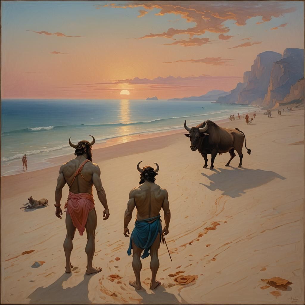 Minotaur Sleeps on Beach at Dusk