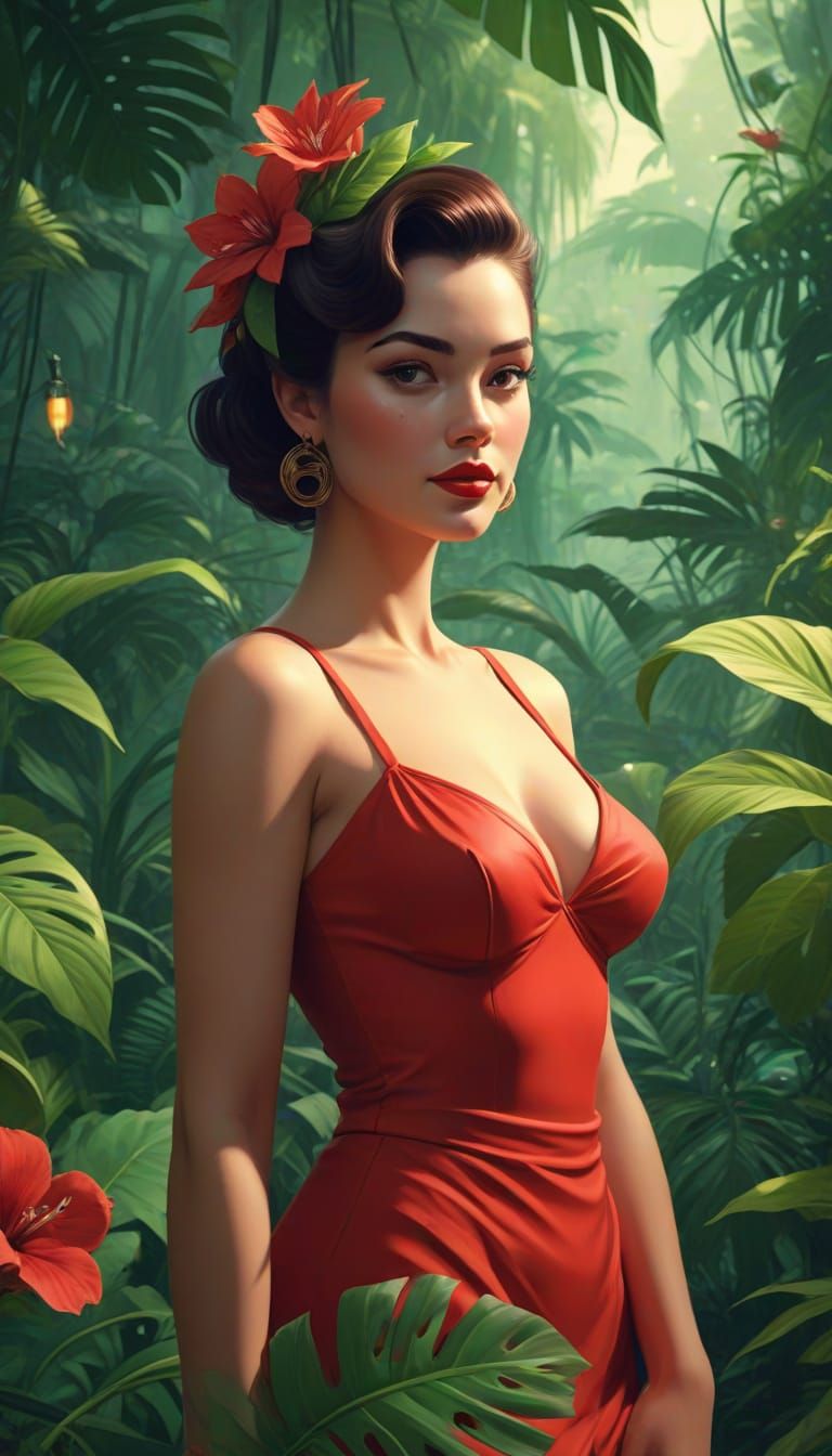 Retro Pin-Up Girl in Vibrant Amazonian Jungle