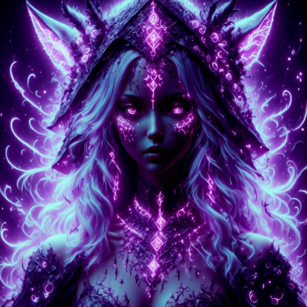 Kawaii Neko Girl with Glowing Runes and Filigree
