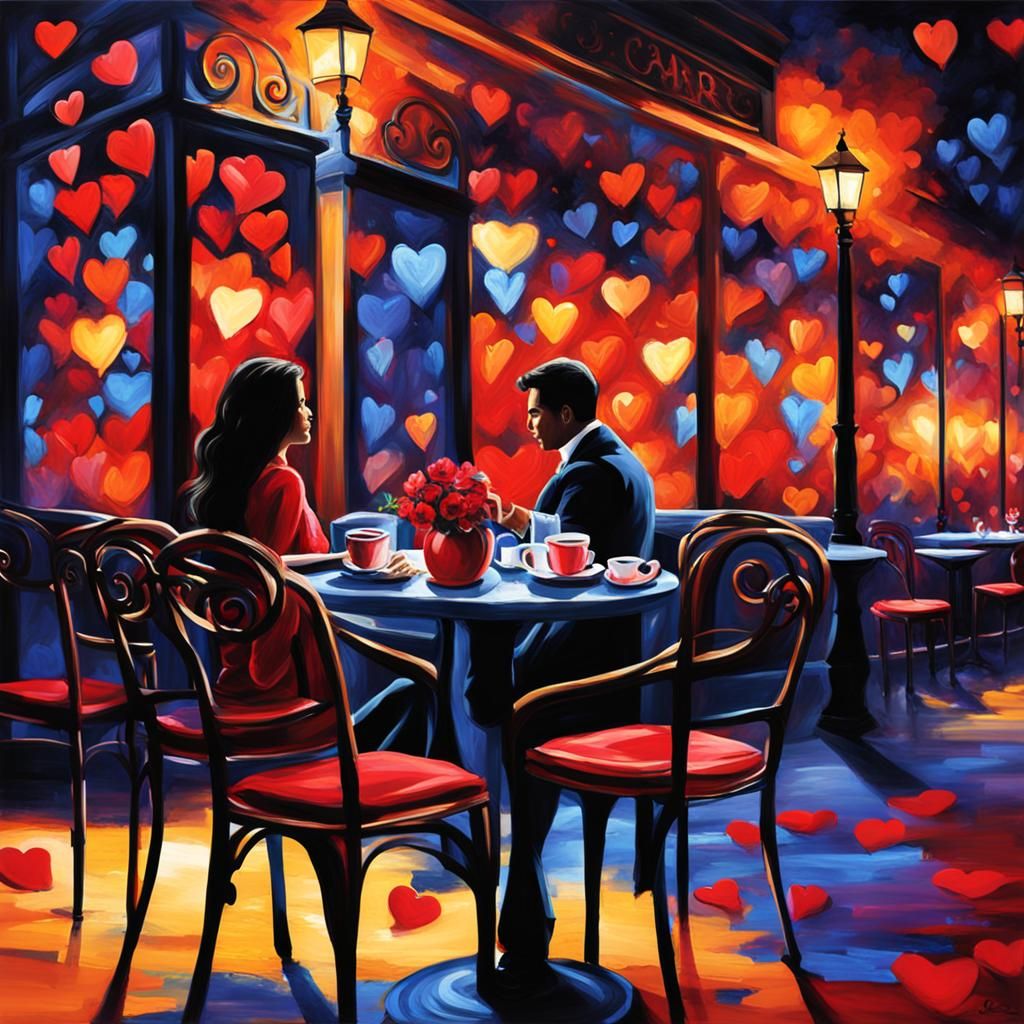 Romantic Couple Dancing in Cafe: Fantasy Art