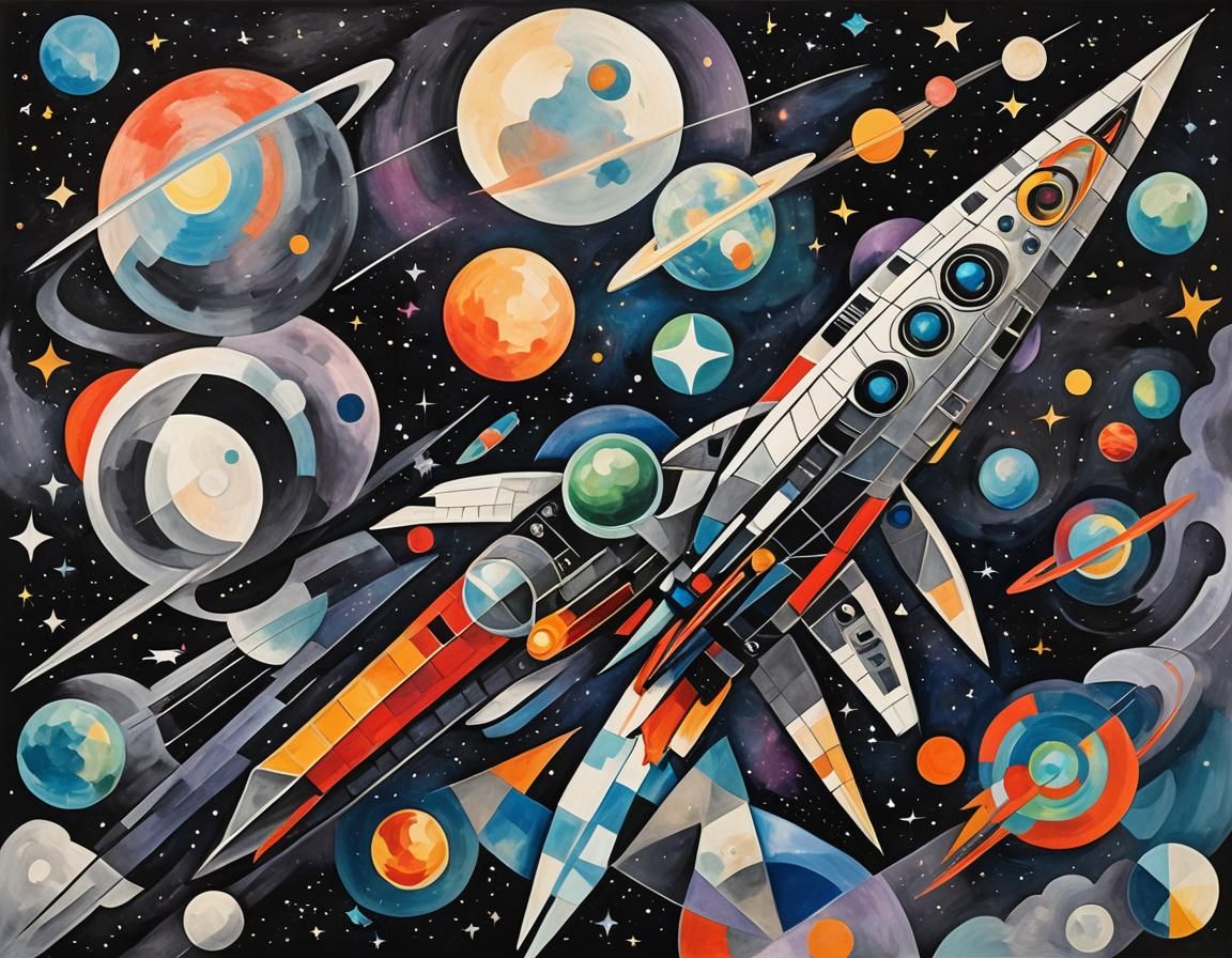 Spaceship Soaring Through Nebula: Cubist Gouache Art