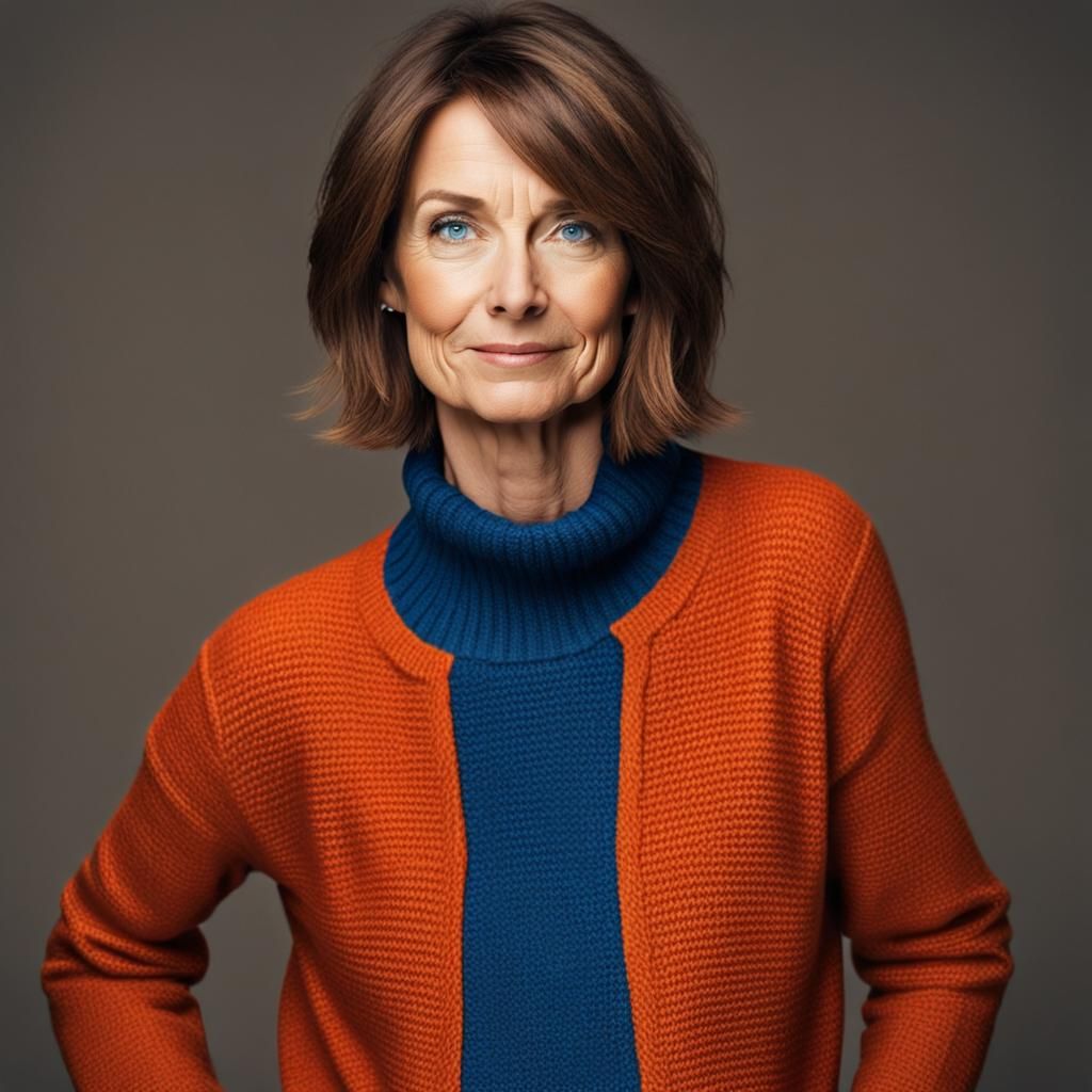 Attractive Woman with Brown Bob and Orange Sweater