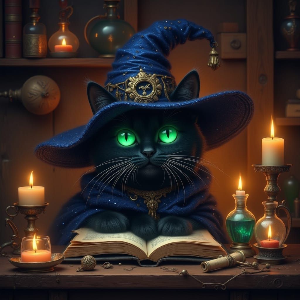 Black Cat Wizard in Magical Library
