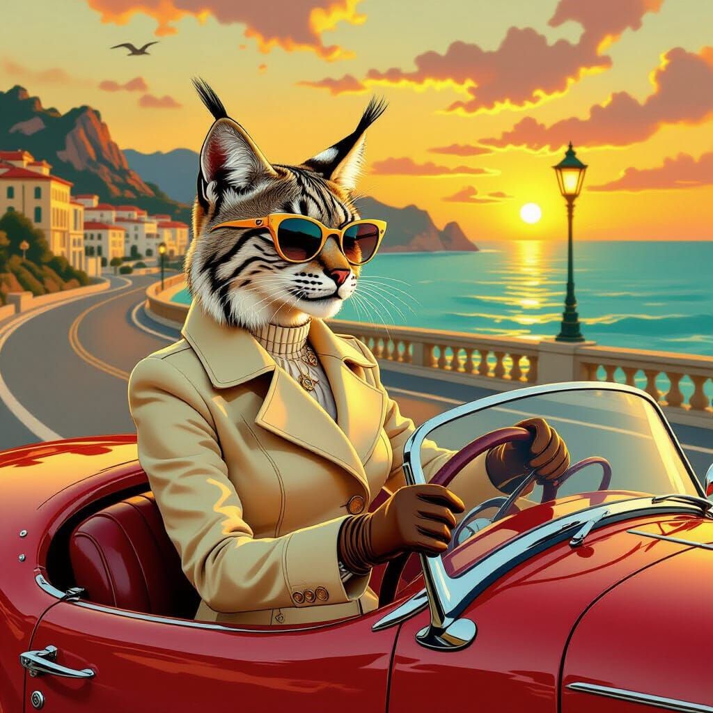Lynx Woman Drives Roadster at Sunset in Art Deco Style