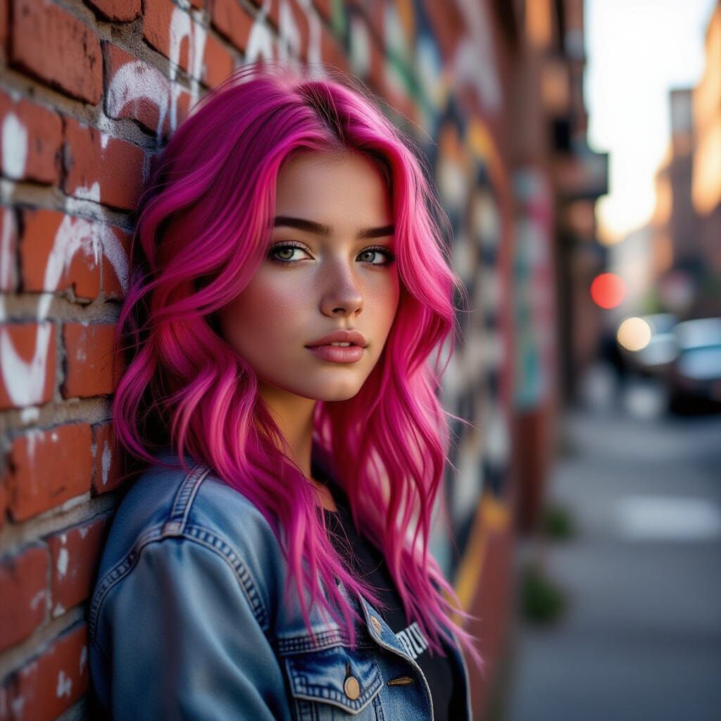 Teenage Girl with Pink Hair Against Graffiti Wall