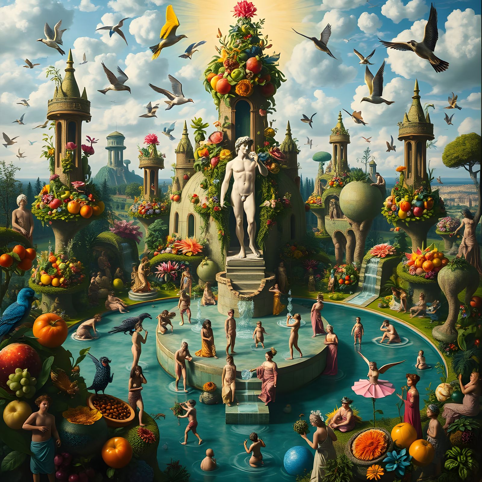 Utopian Garden with Michelangelo's David, Renaissance Style