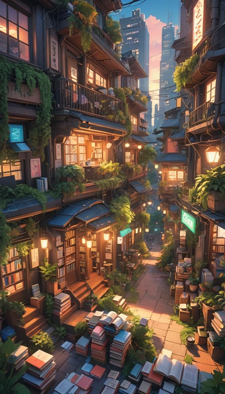 Anime Cityscape with Books and Lush Overgrowth