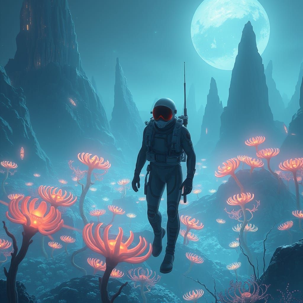 Futuristic Diver Explores Bioluminescent Alien Ocean