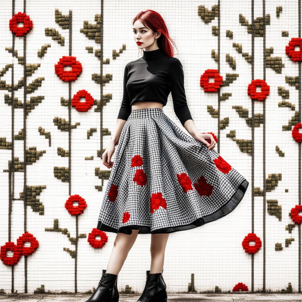 Gingham Skirt with Cross-Stitch Flowers in Acrylic Art