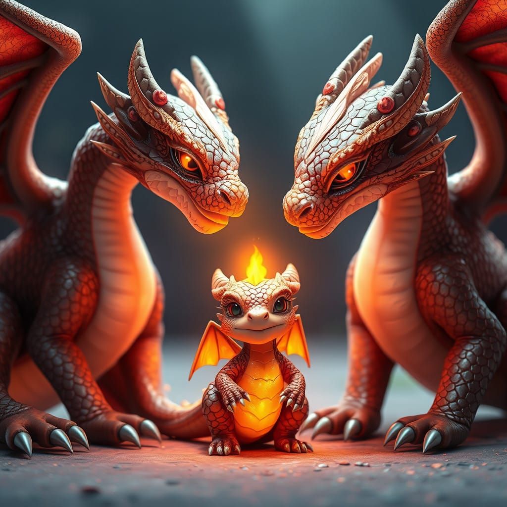 Family of Majestic Fire Dragons in Anime-Inspired 3D Art