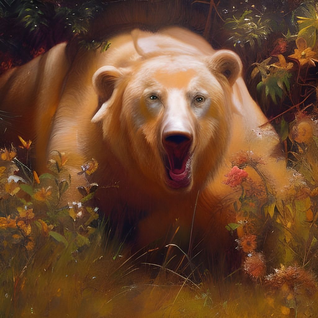 Bear in spring;Darwin's Slipper Flower by artist "Todd Lockw...