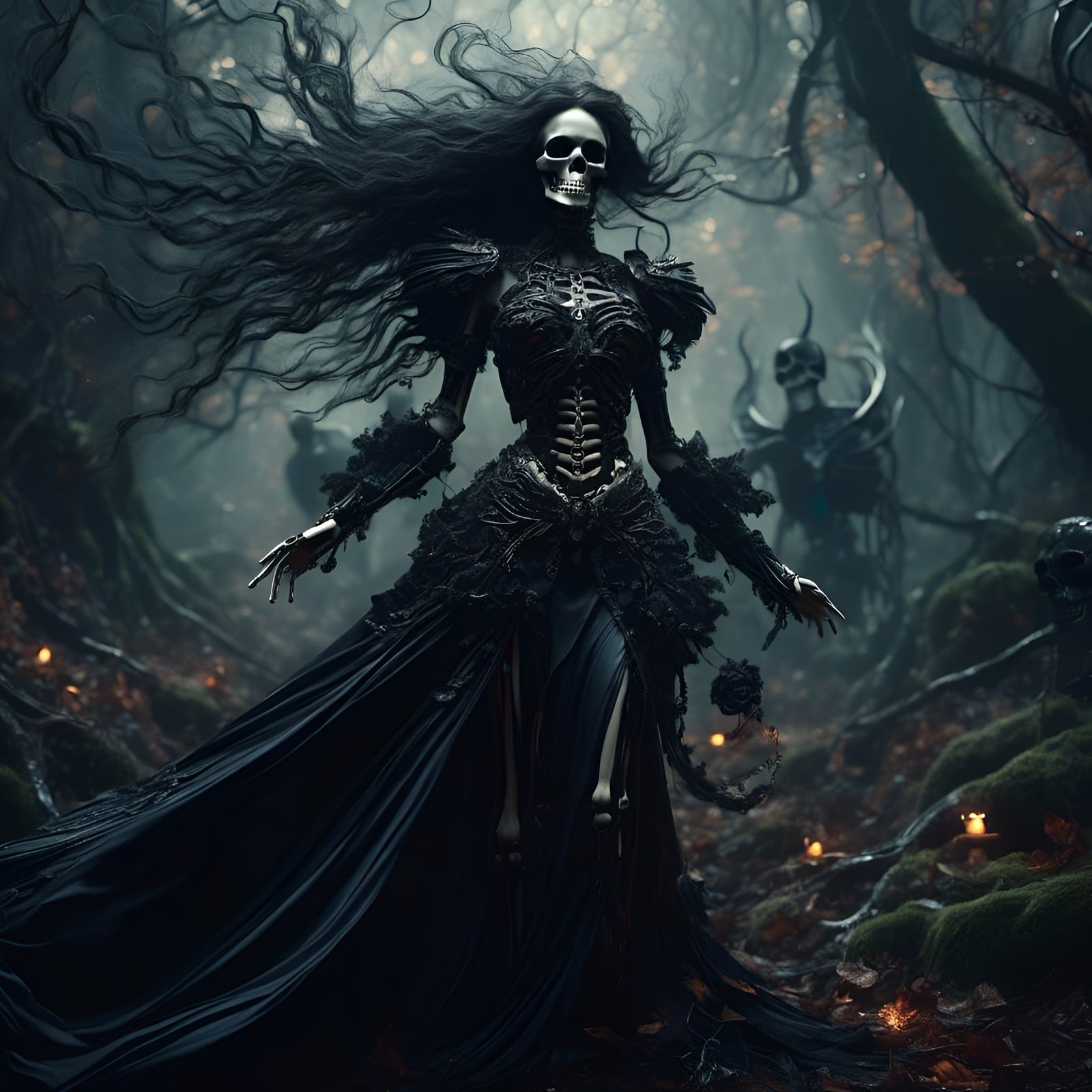 Skeleton Witch Amidst a Mystical Forest
