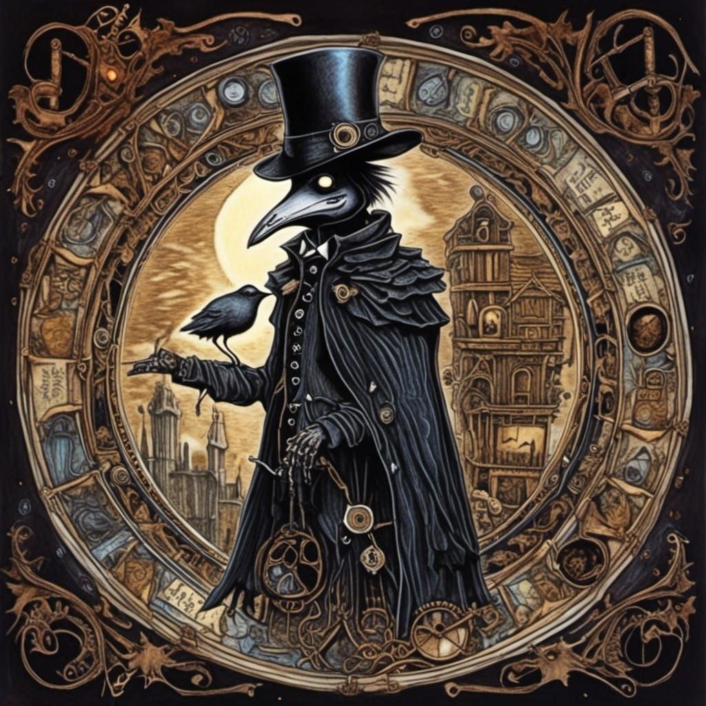 Plague Doctor with Raven in Surreal Blacklight Art