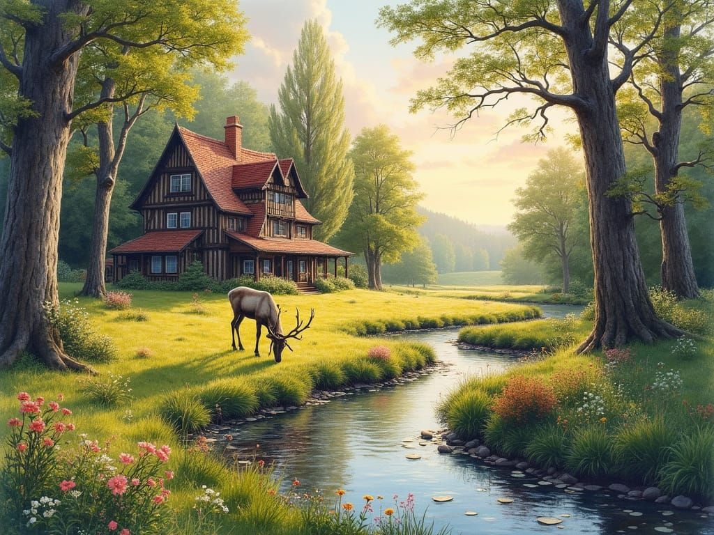 Vibrant Spring Forest with Creek and Reindeer in Watercolor ...