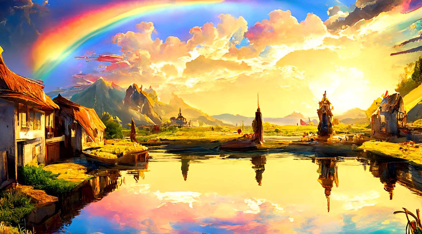Lake Town Rainbow: Detailed Landscape Painting