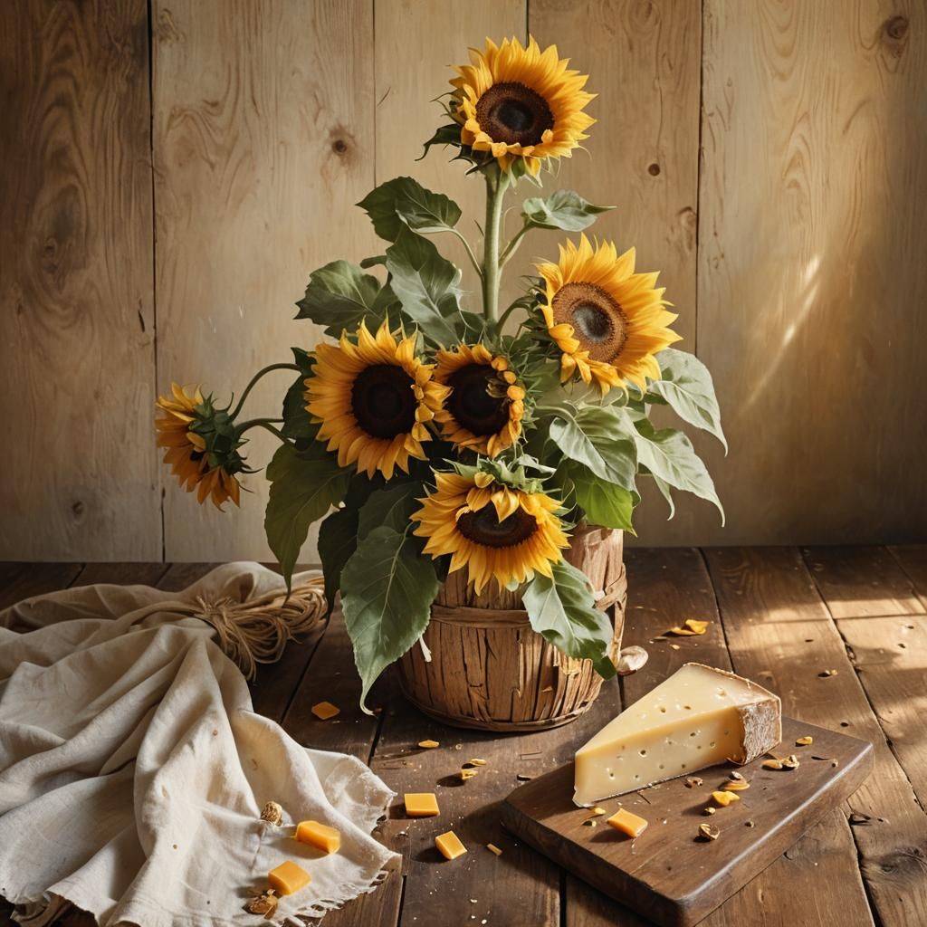 Still Life: Sunflowers and Cheese, Impressionist Style