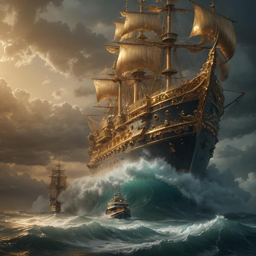 Golden Ship on Stormy Seas: Fantasy Digital Painting