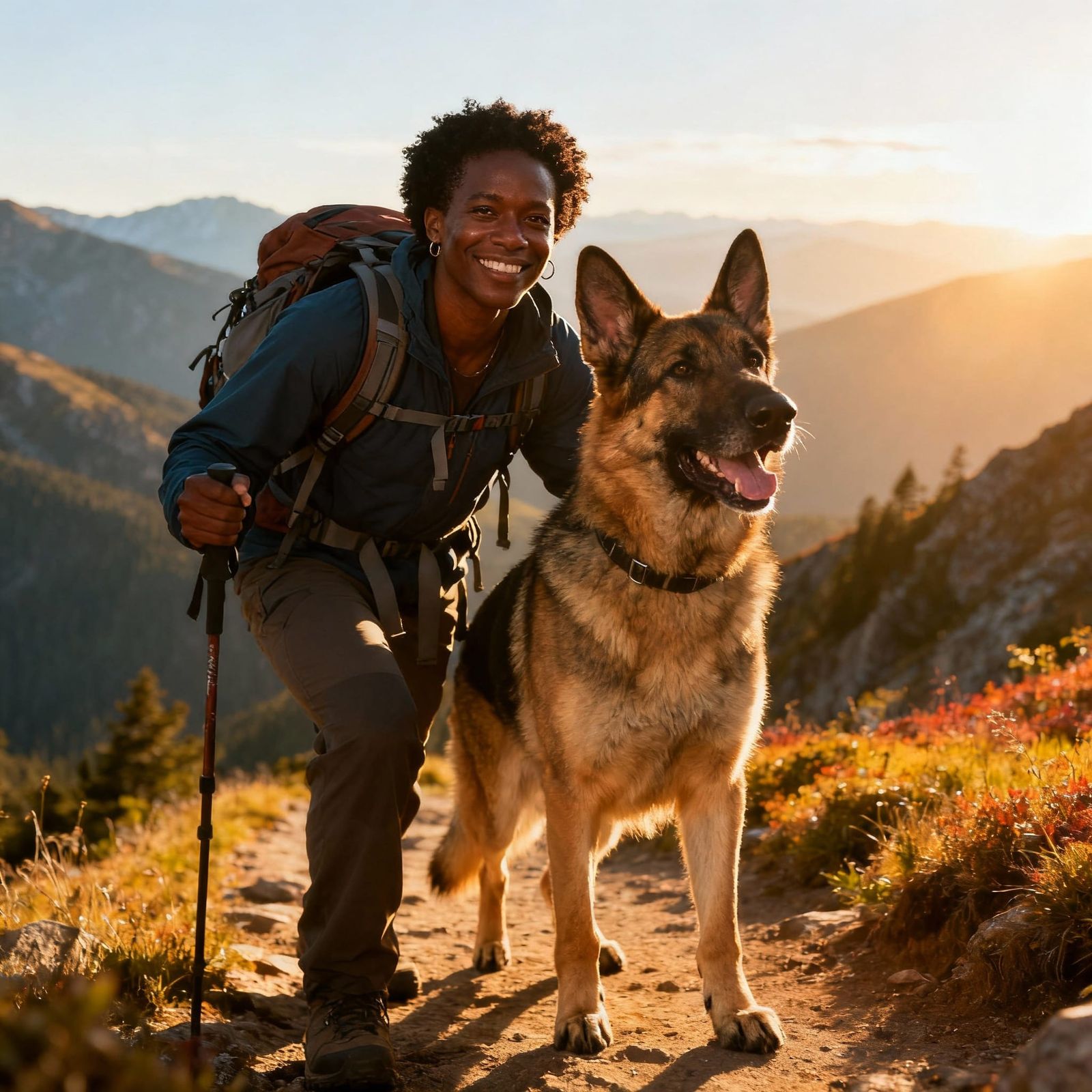 Happy Hiker and German Shepherd on Mountain Trail