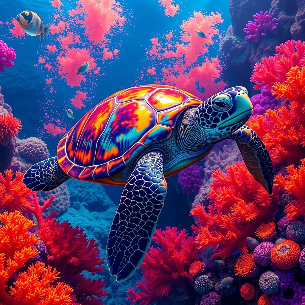 Iridescent Sea Turtle Gliding Through Coral Reef