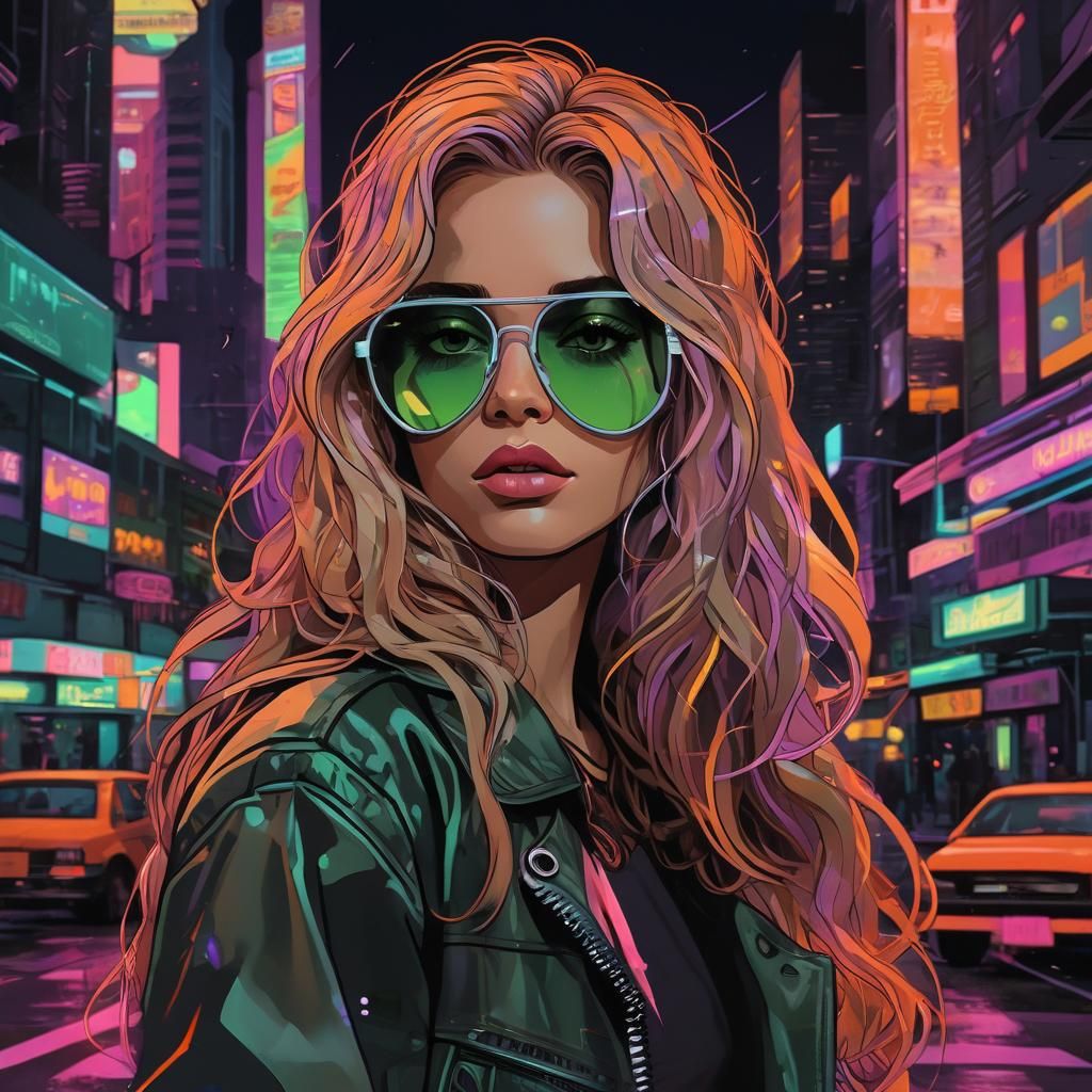 Vaporwave Cyberpunk Woman in Neon Cityscape