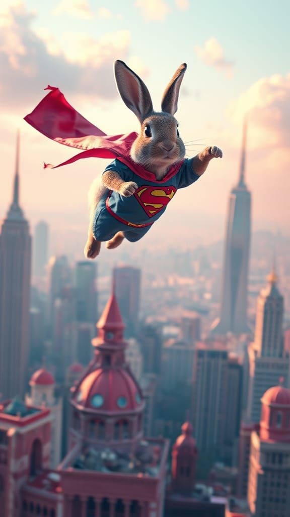 Fantastical Cityscape with Superman Rabbit in Flight