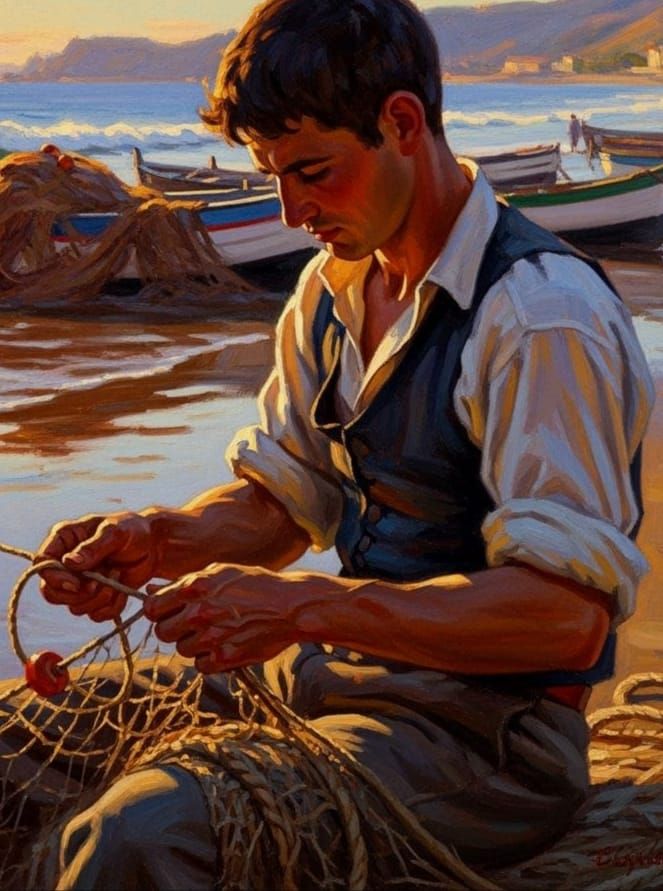 Fisherman Mending Nets: Oil Painting in Combined Styles