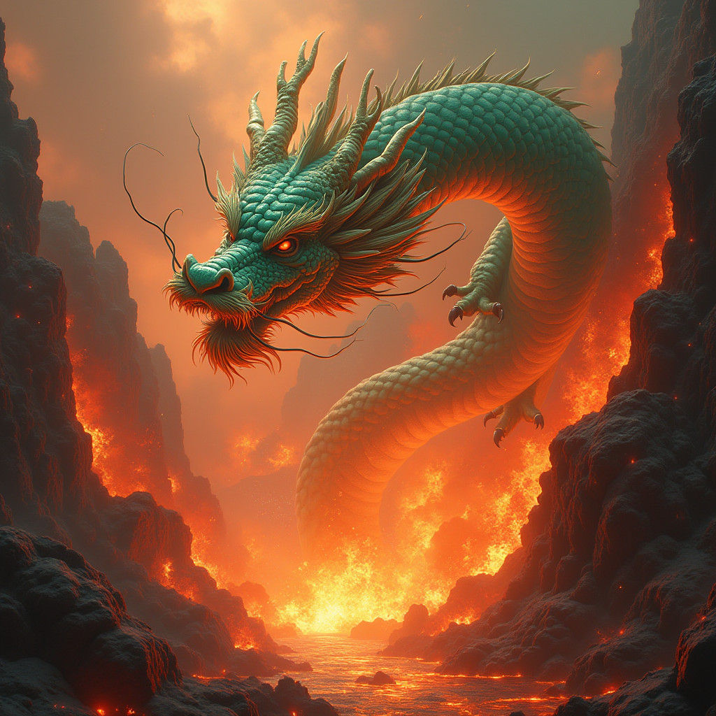 Chinese Dragon Soaring Through Volcano in Fantasy Art Style