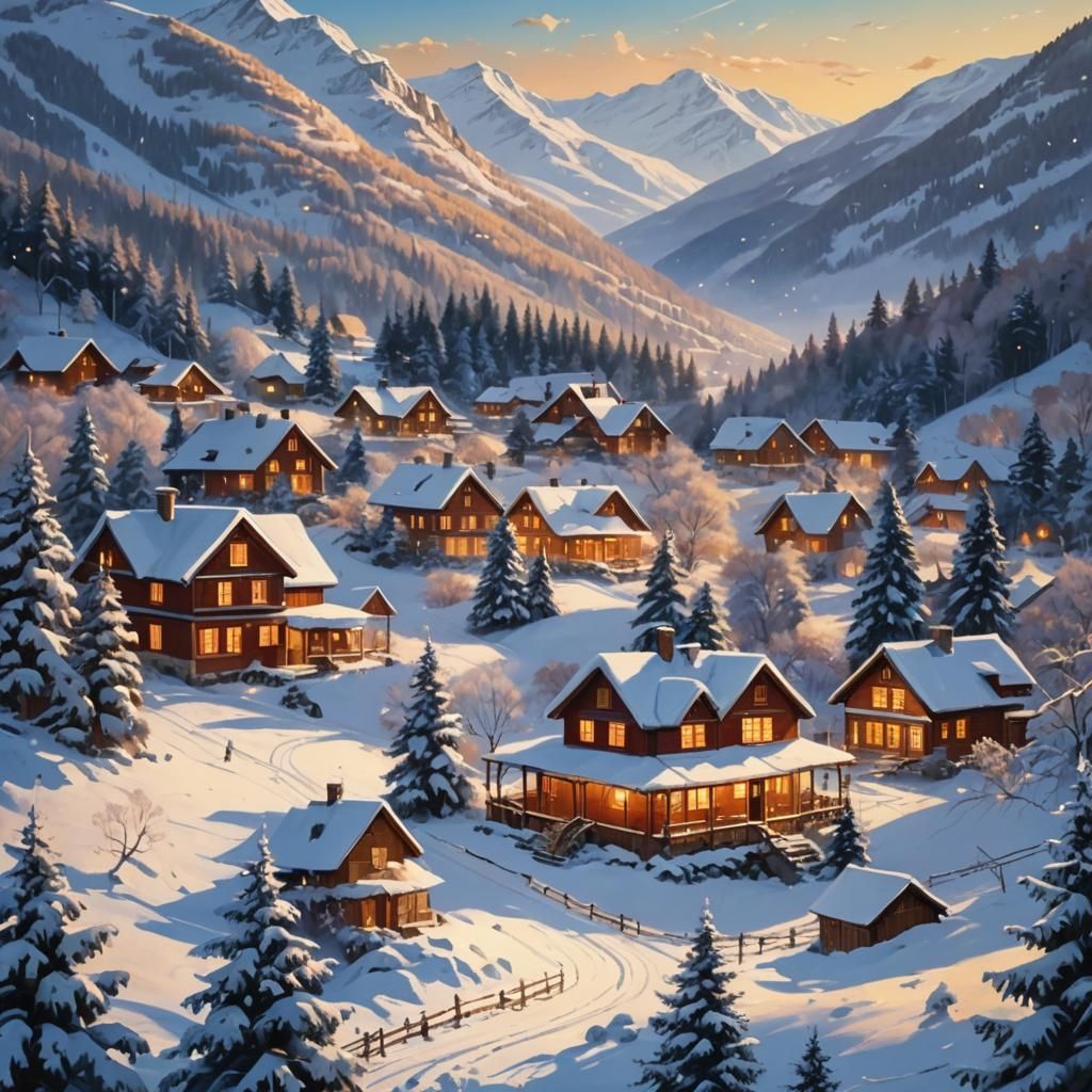 Christmas Celebration in Snowy Mountains: Realistic Painting