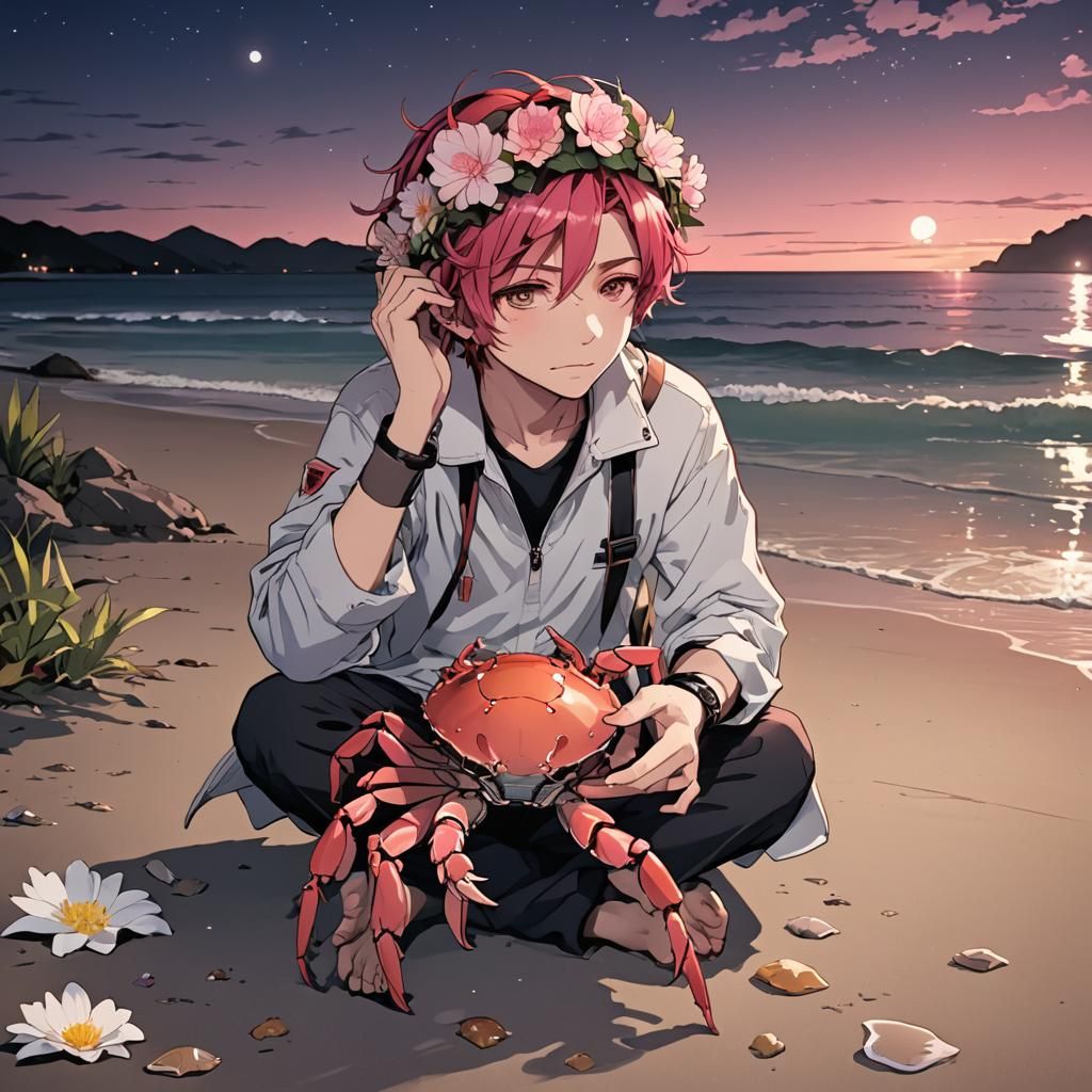 Anime Cancer Boy with Crab on Beach