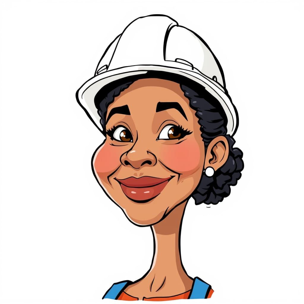 Vibrant Cartoon Worker Smiles in White Hard Hat