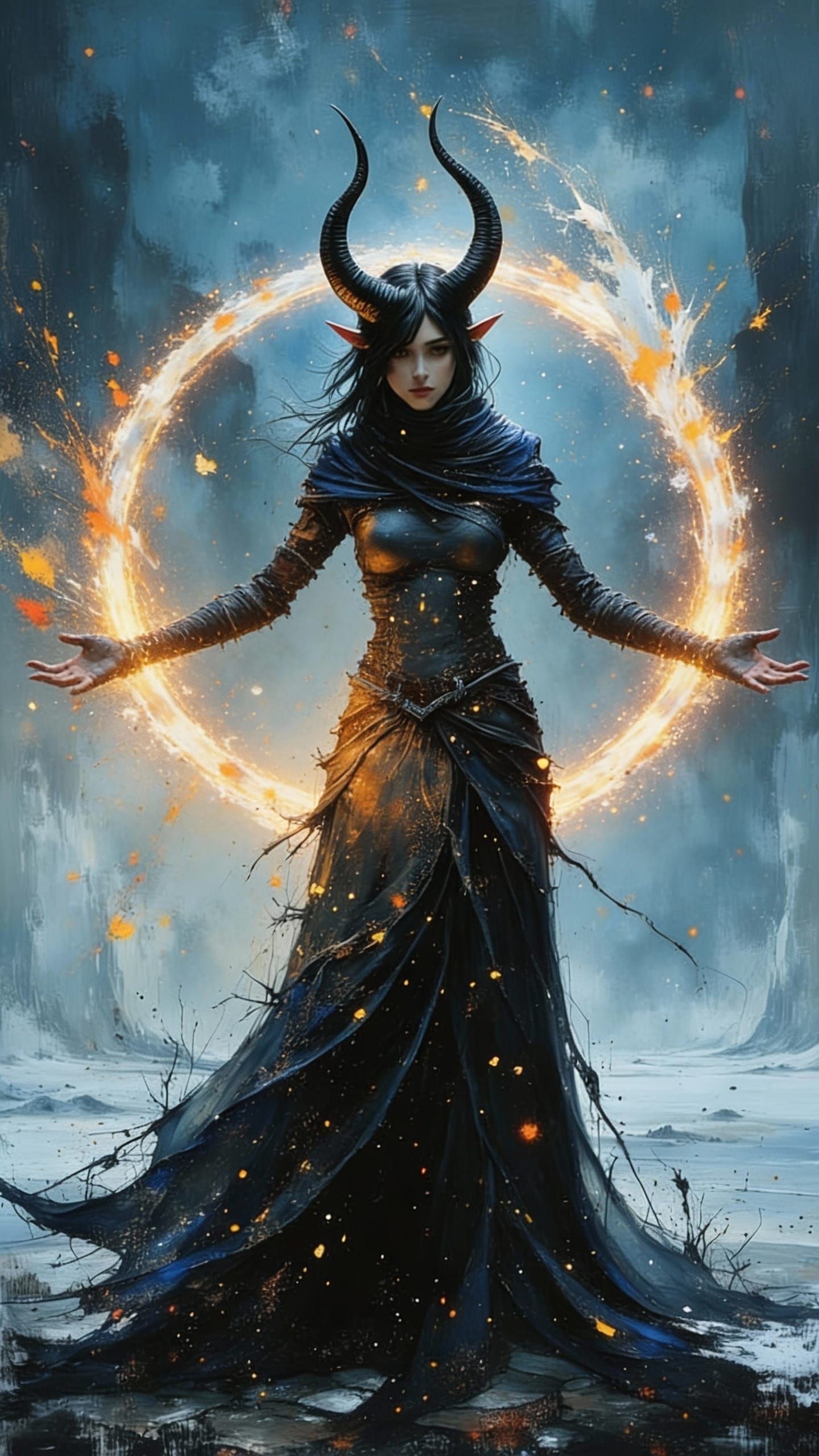 Tiefling Sorceress Conjuring Icy Storm