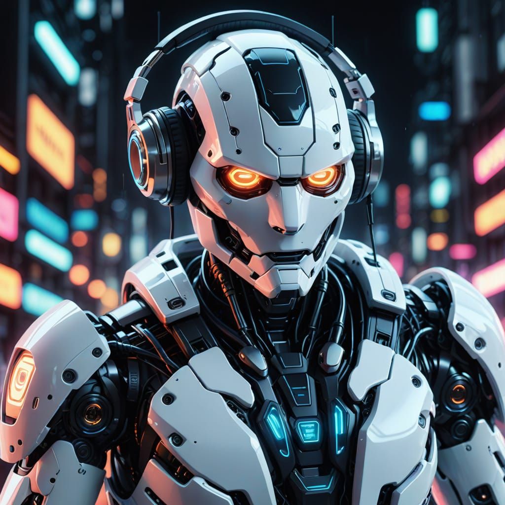 Futuristic Robot DJ in Neon Light