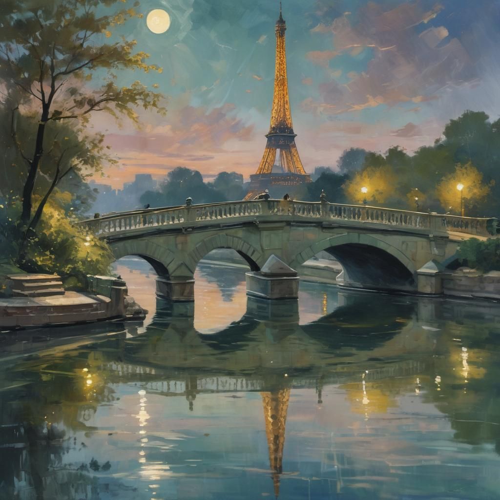 Eiffel Tower and Serpentine Bridge in Gouache Watercolor