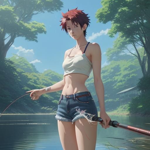 Anime Style Woman Fishing, Studio Ghibli Visual
