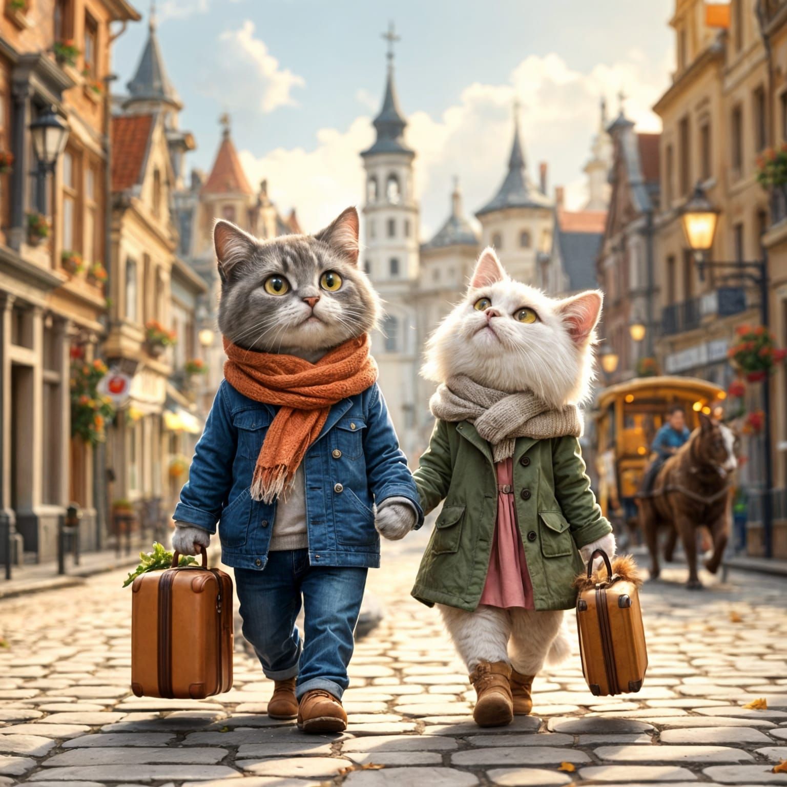 Charming Cats Explore European Old Town in Cozy Autumn Attir...