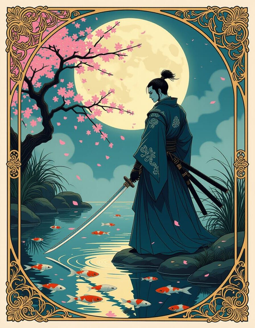 Spectral Samurai at Moonlit Koi Pond