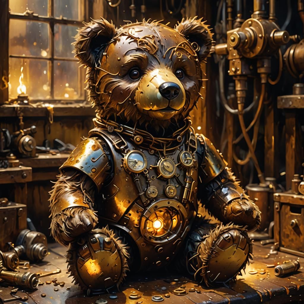 Steampunk Mechanical Teddy Bear in Workshop