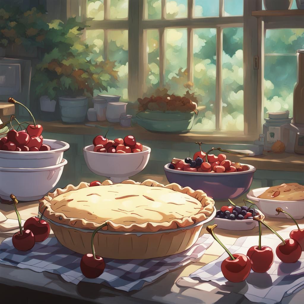 Cherries and Berries Pie in Studio Ghibli Style