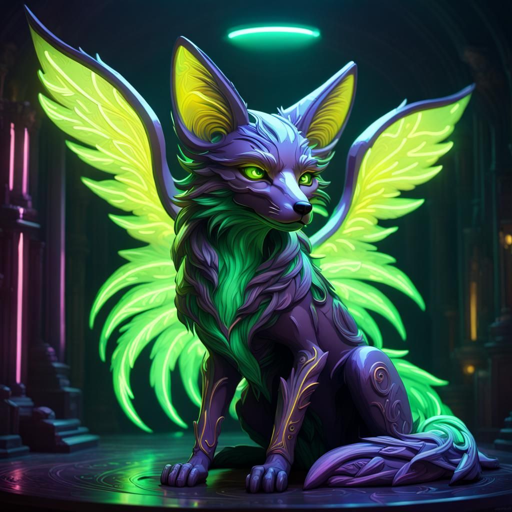 Neon Winged Fox in Dark Fantasy Style