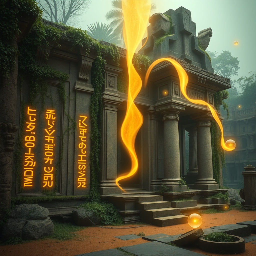 Mystical Ancient Temple with Glowing Runes and Sands