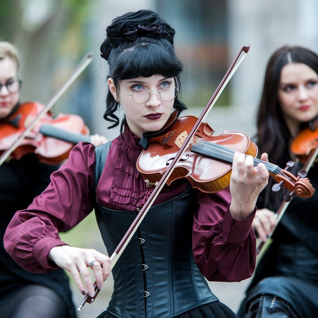 Goth Woman Plays Violin in Victorian Style