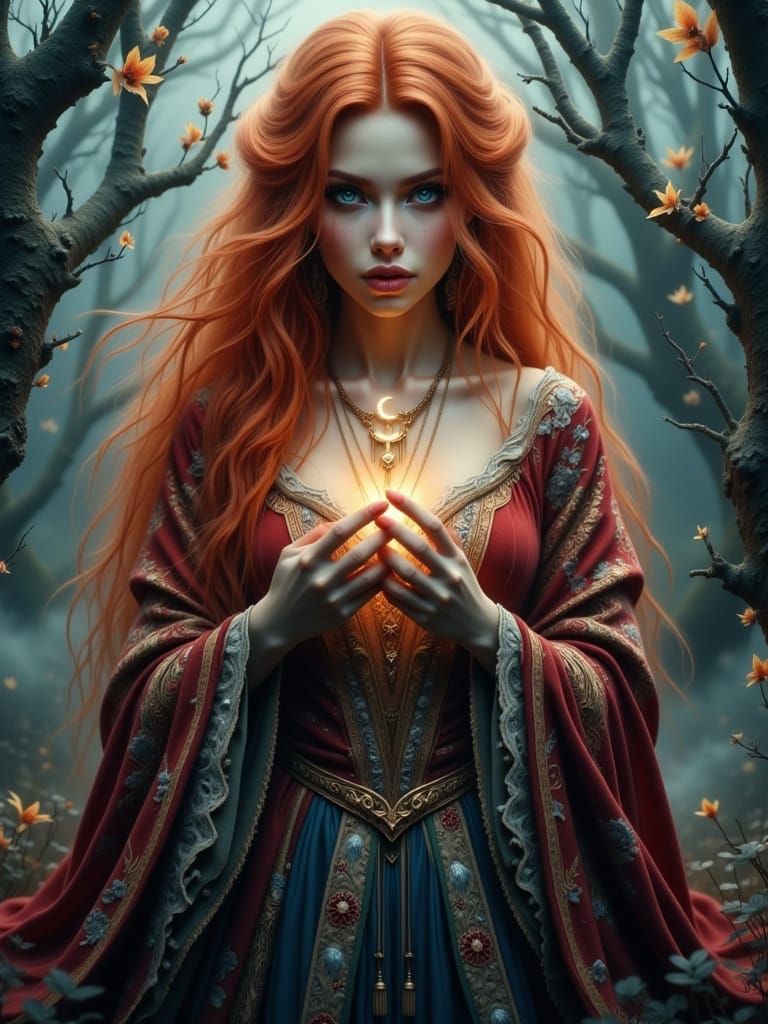 Ethereal Red-Headed Witch in Mystical Forest