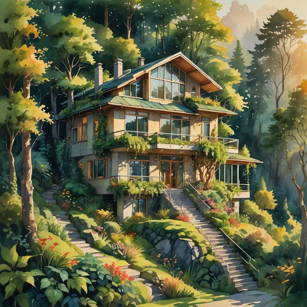 Modern Fantasy House in Watercolor Style