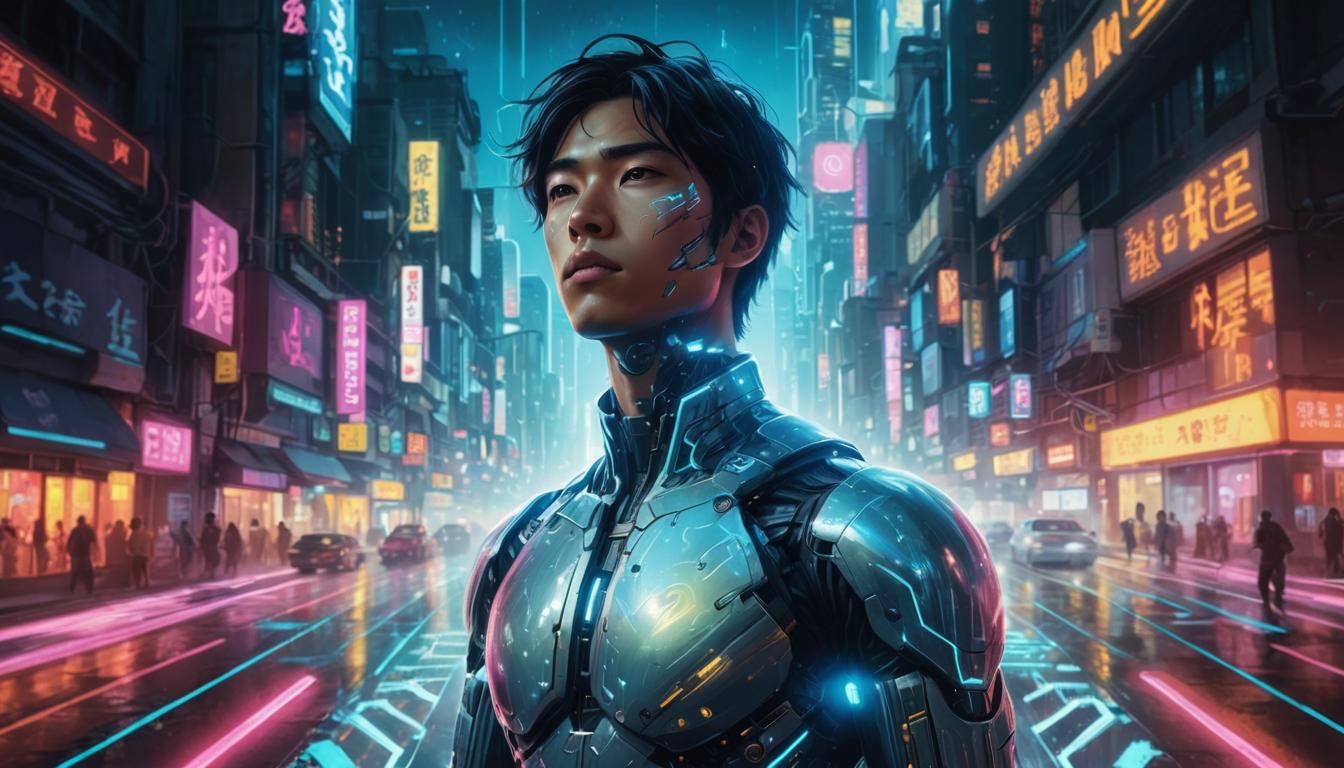 Asian Cyborg in Neon Virtual City
