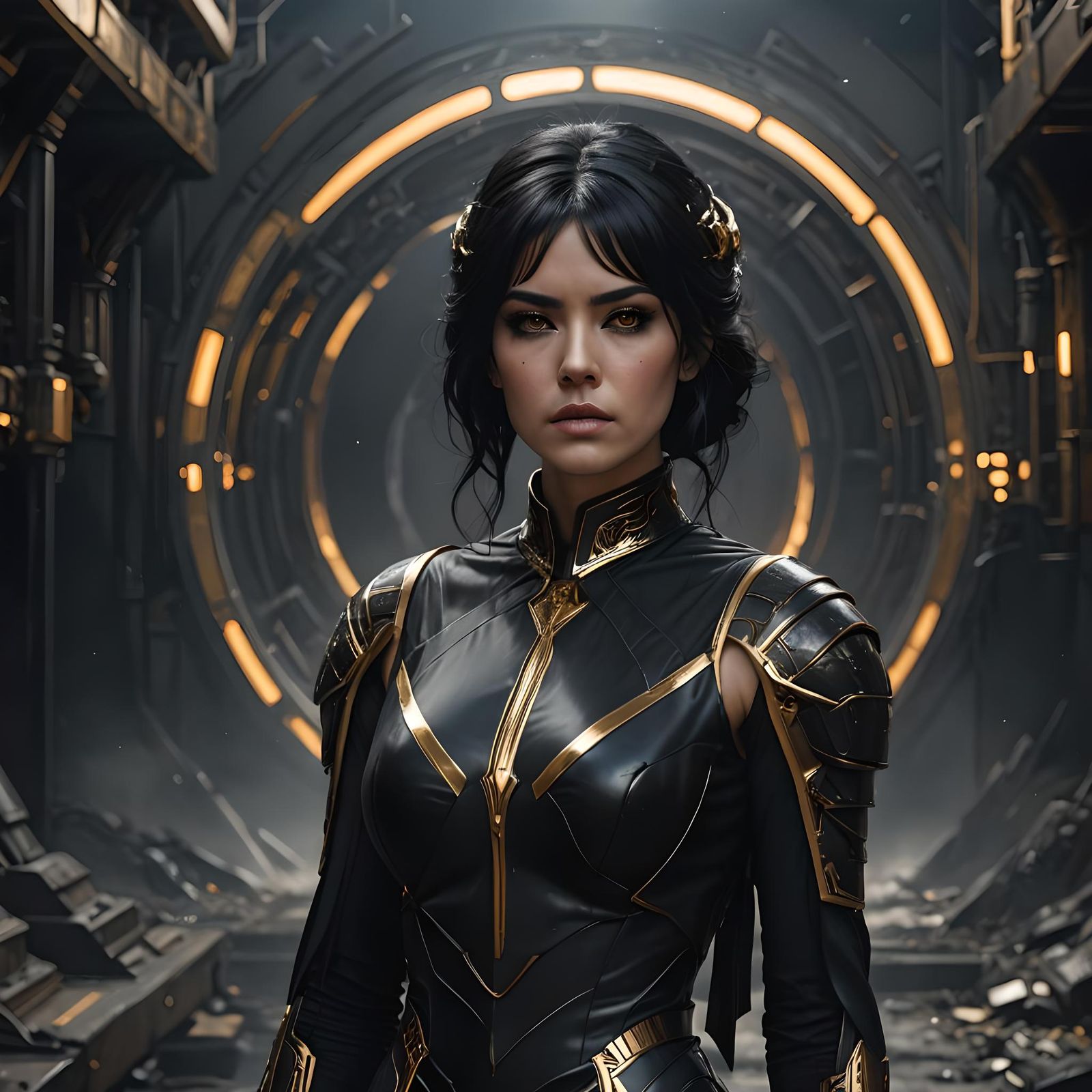 Ominous Sci-Fi Woman in Black Dress Portrait