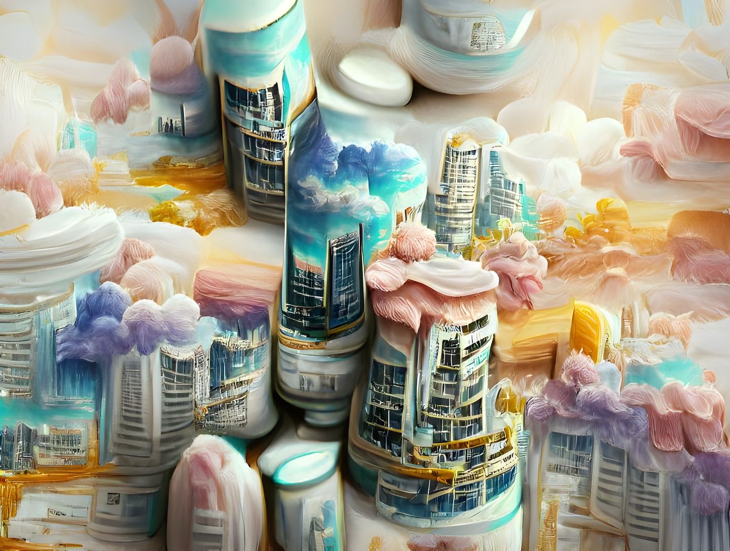 Porcelain Fantasy Cityscape Art: Detailed Pastel Painting