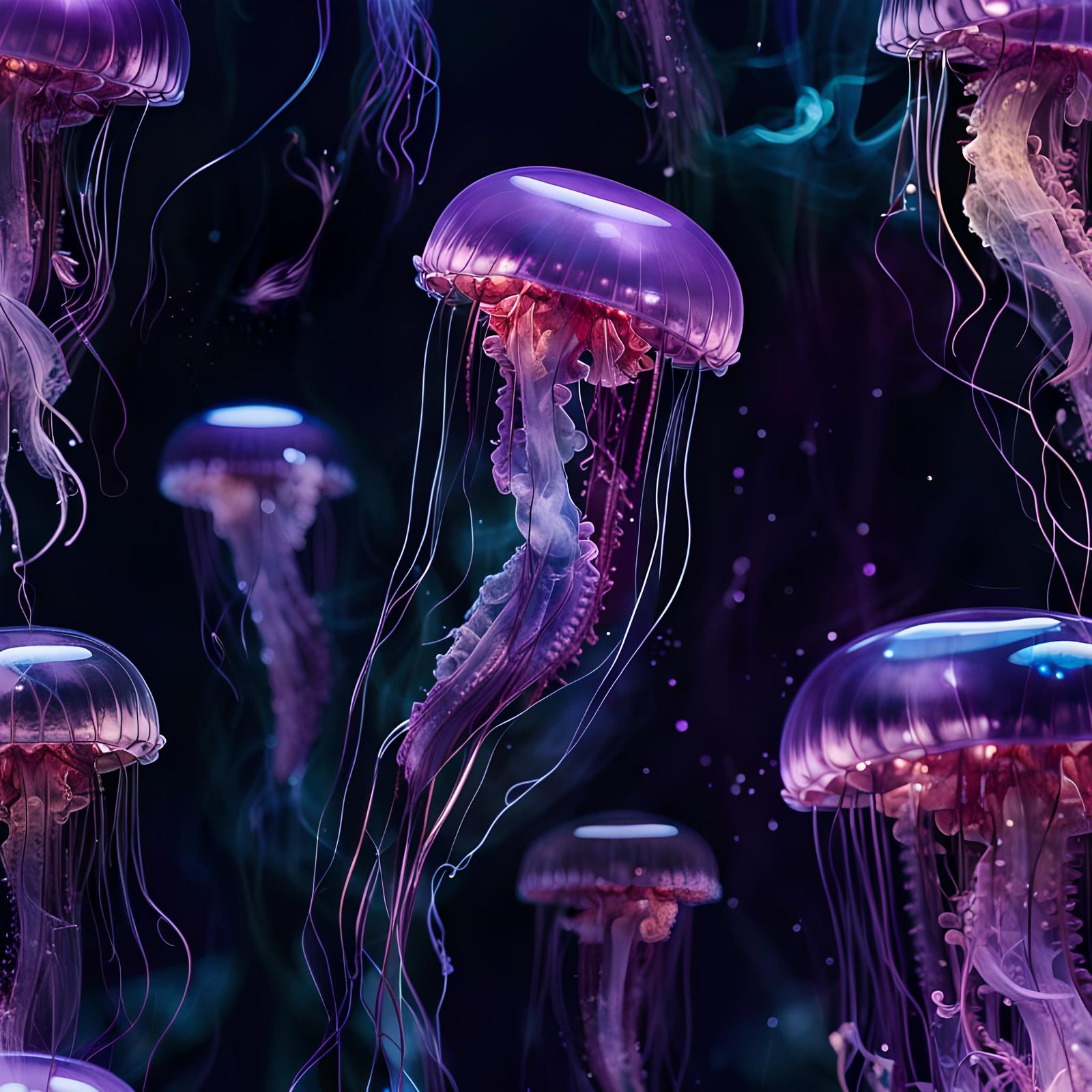 Transparent Majestic Blown Glass jellyfish floating in dark ...