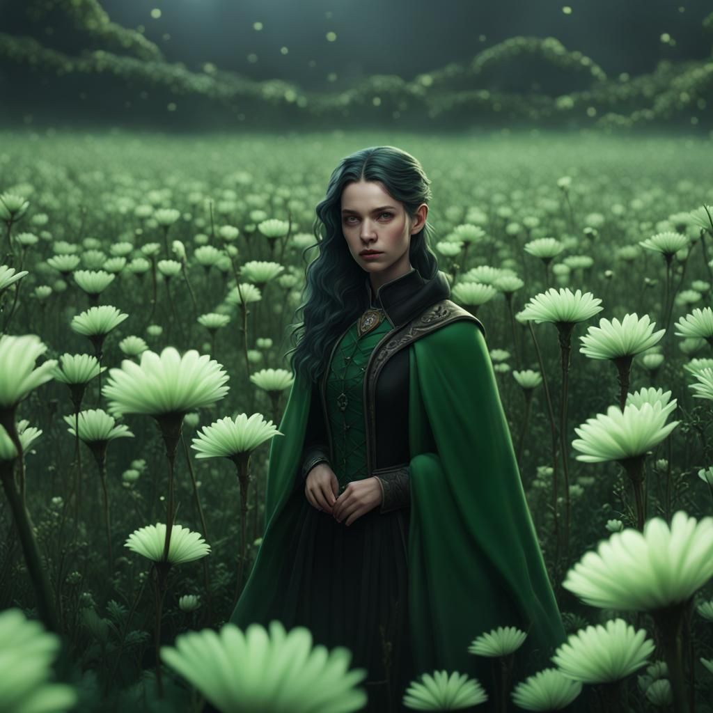 Slytherin Girl in Field of Flowers: Fantasy Art