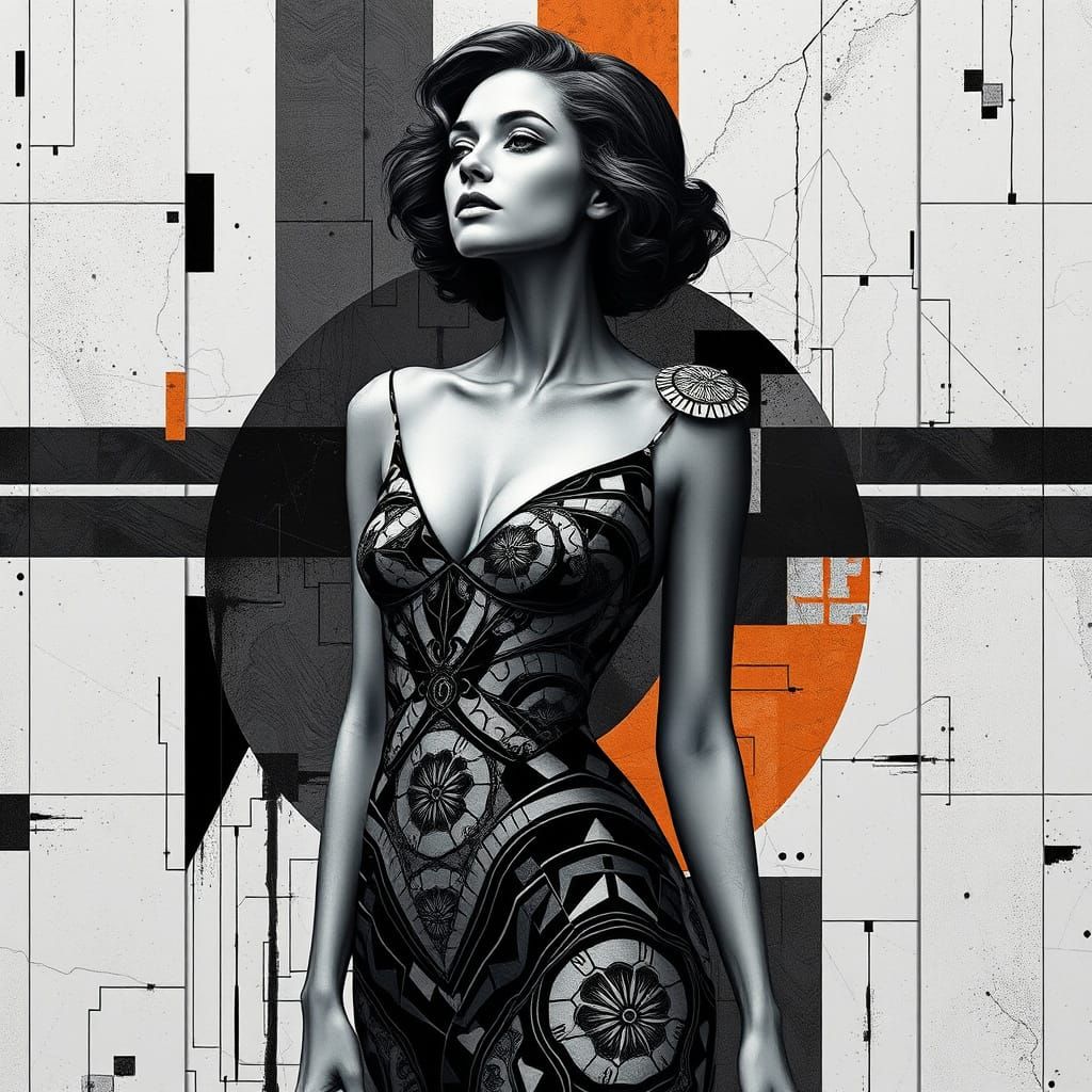 Futuristic Woman Portrait in Cubist Ink Painting Style