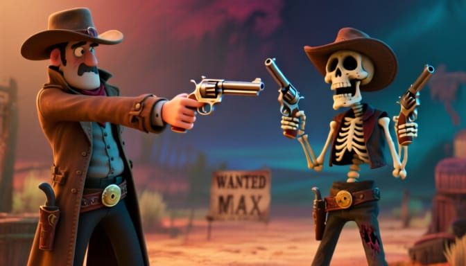 Wild West Showdown: Gunslinger vs. Skeleton Bandit